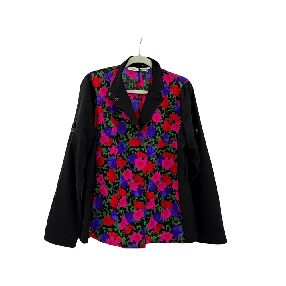 Akris Punto Floral Wool Jacket Black Pink Red Convertible Collar Womens 12